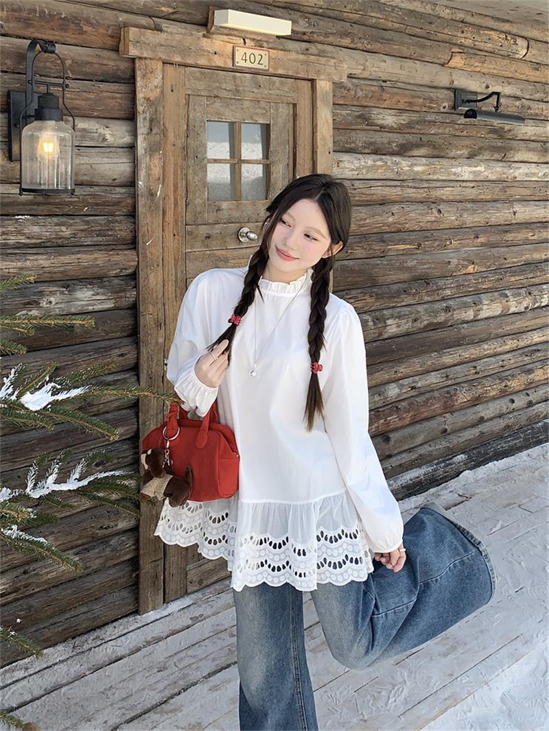 实拍！木耳边蕾丝拼接宽松韩系中长款百搭衬衫女上衣