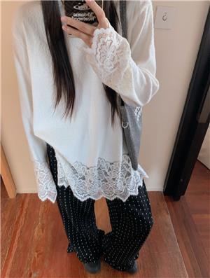实拍洋气拼接打底开衩磨毛绒面蕾丝衫+韩系休闲波点花边高腰裤