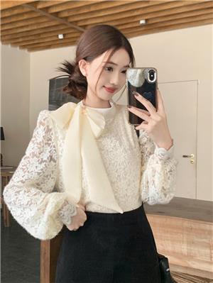 实拍法式系带蝴蝶结提花蕾丝加绒女秋冬洋气设计感泡泡袖上衣