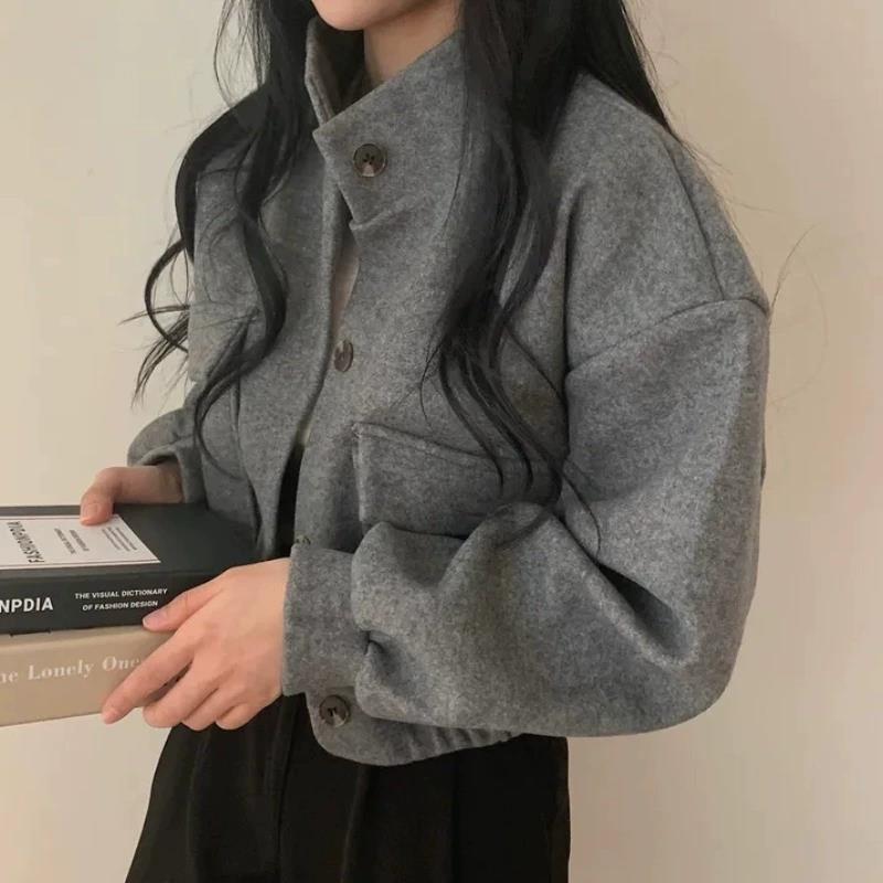 爆款外套韩国chic立领单排扣宽松休闲百搭长袖短款毛呢外套女